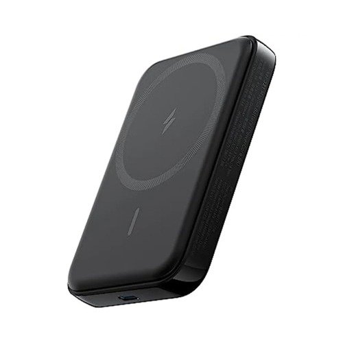 Anker 321 PowerCore 5K MagGo Battery Black front angled view showing magnetic MagSafe design and USB-C port
