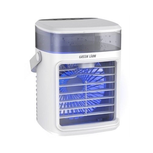 Green Lion Rechargeable Air Cooler Fan front view showing portable design, LED light, and adjustable cooling vents