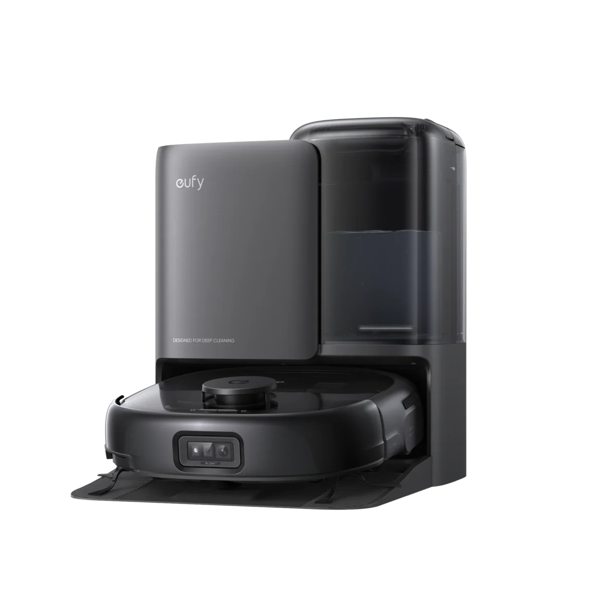 T2353V11-eufy_Robot_Vacuum_Omni_E25_1.webp Eufy E25 Black robot vacuum cleaner top view showing slim design and offline cleaning mode