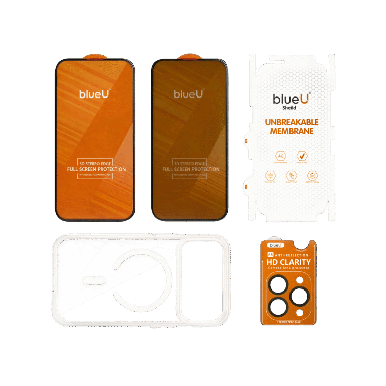 Blue protection kit for iPhone 17 Pro with case, screen protector and camera lens protector