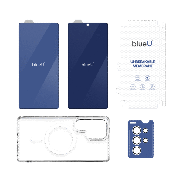 Blue protection kit for Samsung S24 Ultra with case, screen protector and camera lens protector