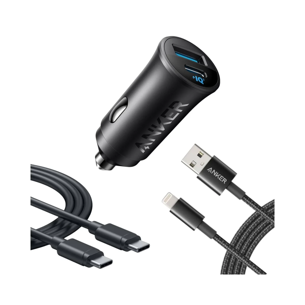 Anker-Ultra-Compact-30W-Car-Charger-with-Type-C-Type-C-and-USB-Lightning-Cables-Black