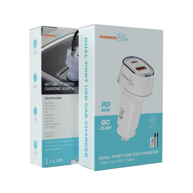 Porodo Blue Dual - Port USB Car Charger